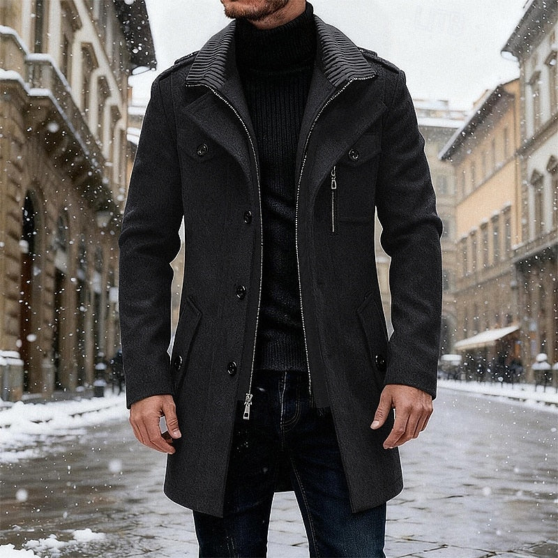 Men's Tailored Overcoat with Layered Collar and Button Front