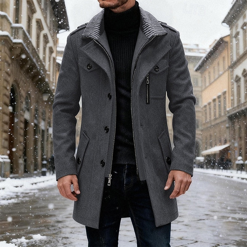 Men's Tailored Overcoat with Layered Collar and Button Front - Marl & Mere