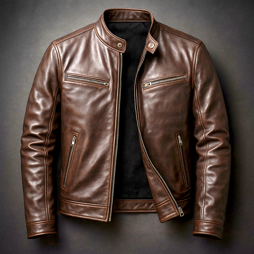 Men's Vintage Leather Jacket with Band Collar and Zip Front - Marl & Mere