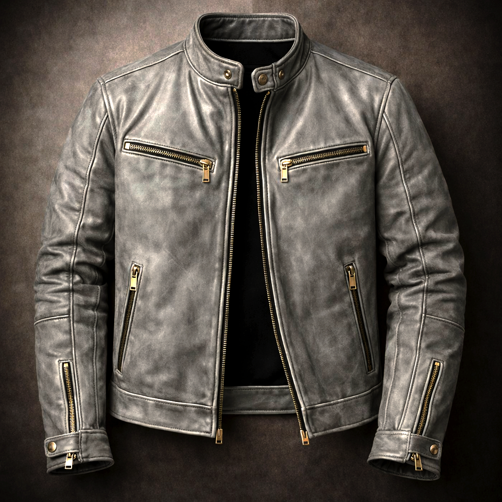 Men's Vintage Leather Moto Jacket with Twin Chest Zip Pockets