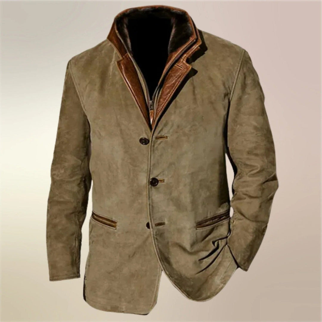 Men's Vintage Suede Utility Jacket with Corduroy Collar and Front Pockets