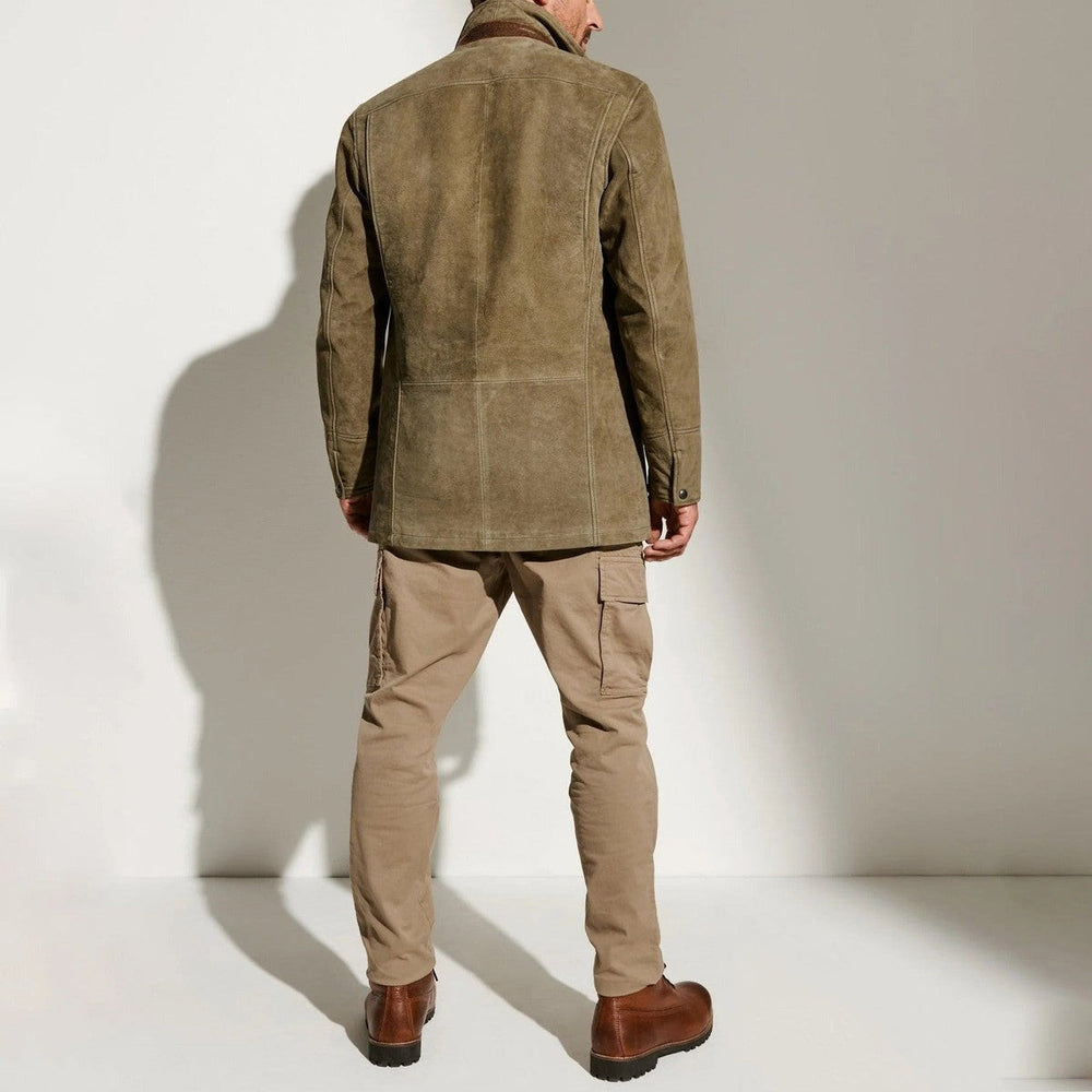 Men's Vintage Suede Utility Jacket with Corduroy Collar and Front Pockets