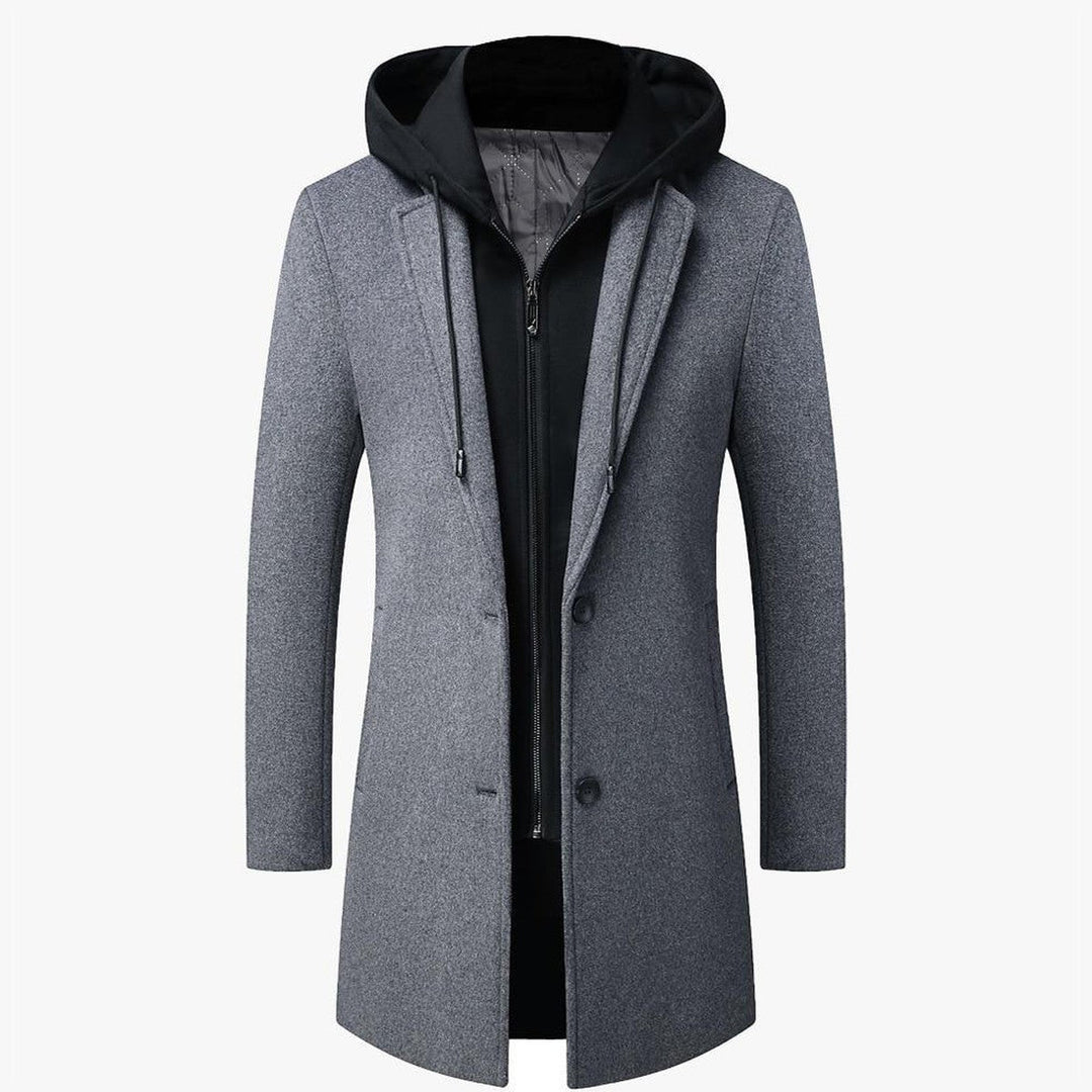 Men's Wool-Blend Coat with Detachable Hood and Zip-and-Button Front