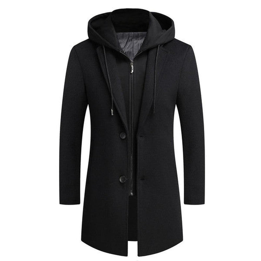 Men's Wool-Blend Coat with Detachable Hood and Zip-and-Button Front