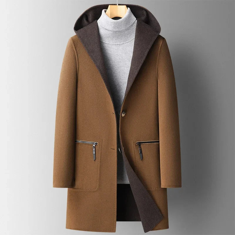 Men's Wool-Blend Hooded Overcoat with Single-Button Front - Marl & Mere