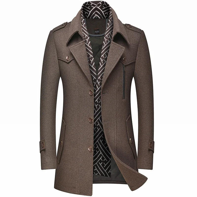 Men's Wool-Blend Winter Overcoat with Layered Collar and Button Front