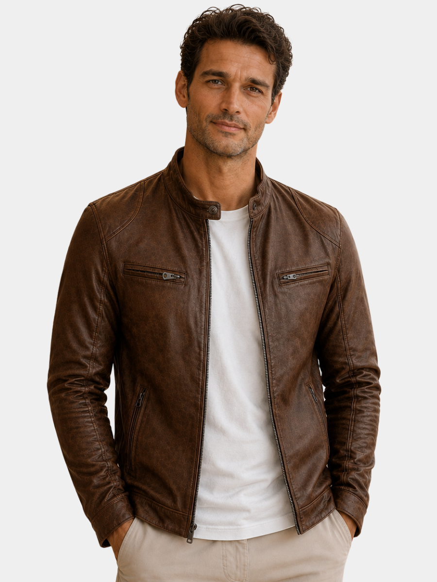 Men's Zip-Front Jacket with Stand Collar and Zipped Chest Pockets - Marl & Mere
