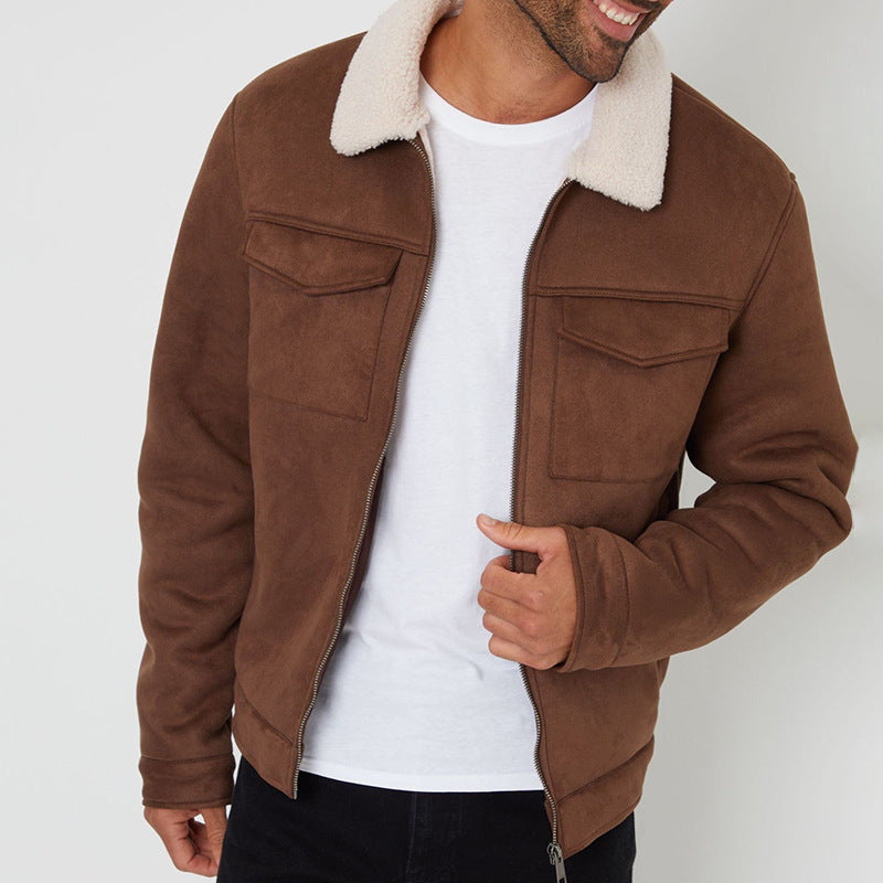 Men's Zip-Front Utility Jacket with Faux Fur Collar and Chest Flap Pockets