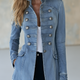 Military-Style Longline Denim Jacket with Double-Row Silver Buttons