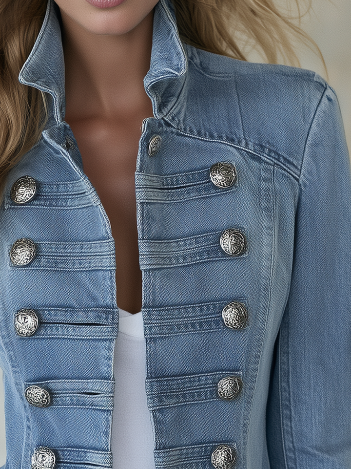 Military-Style Longline Denim Jacket with Double-Row Silver Buttons