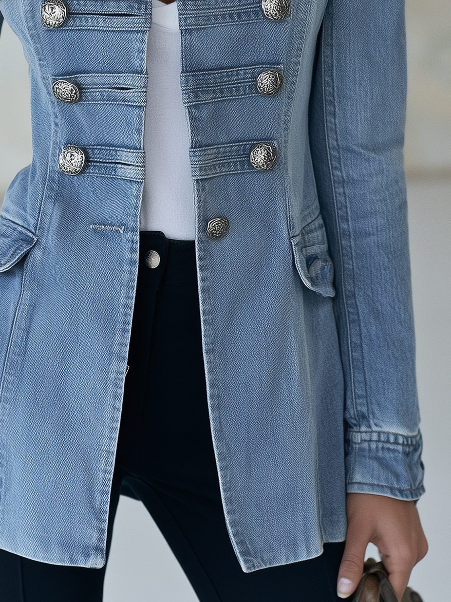 Military-Style Longline Denim Jacket with Double-Row Silver Buttons