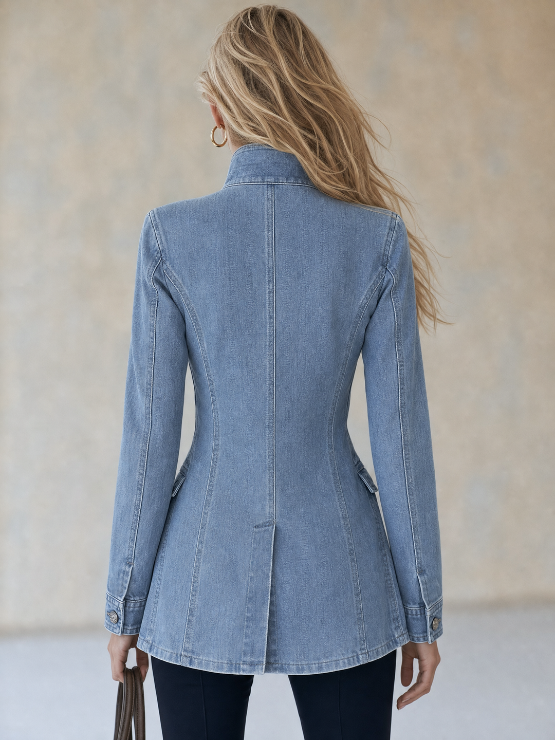 Military-Style Longline Denim Jacket with Double-Row Silver Buttons - Marl &amp; Mere