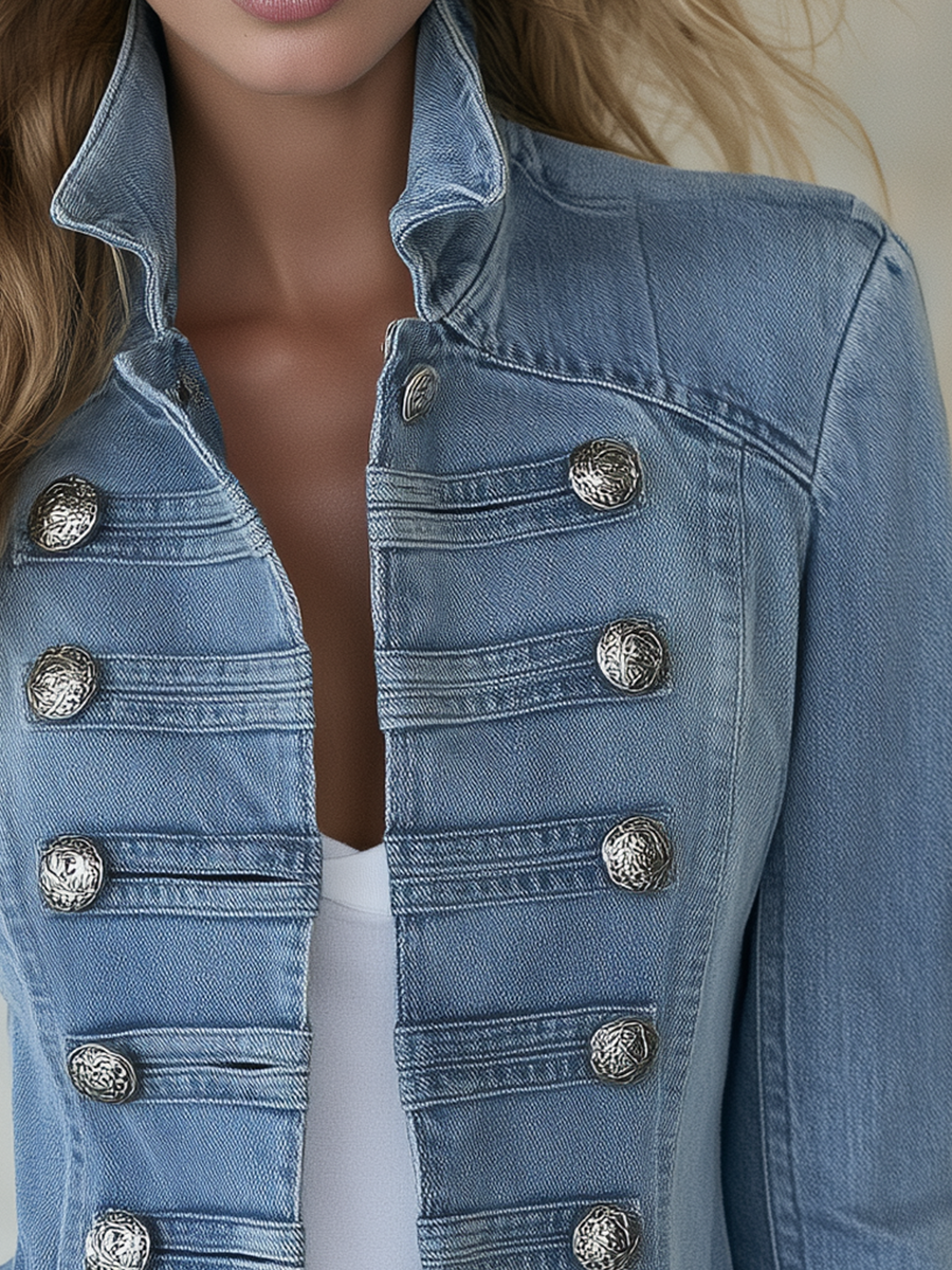 Military-Style Longline Denim Jacket with Double-Row Silver Buttons - Marl &amp; Mere