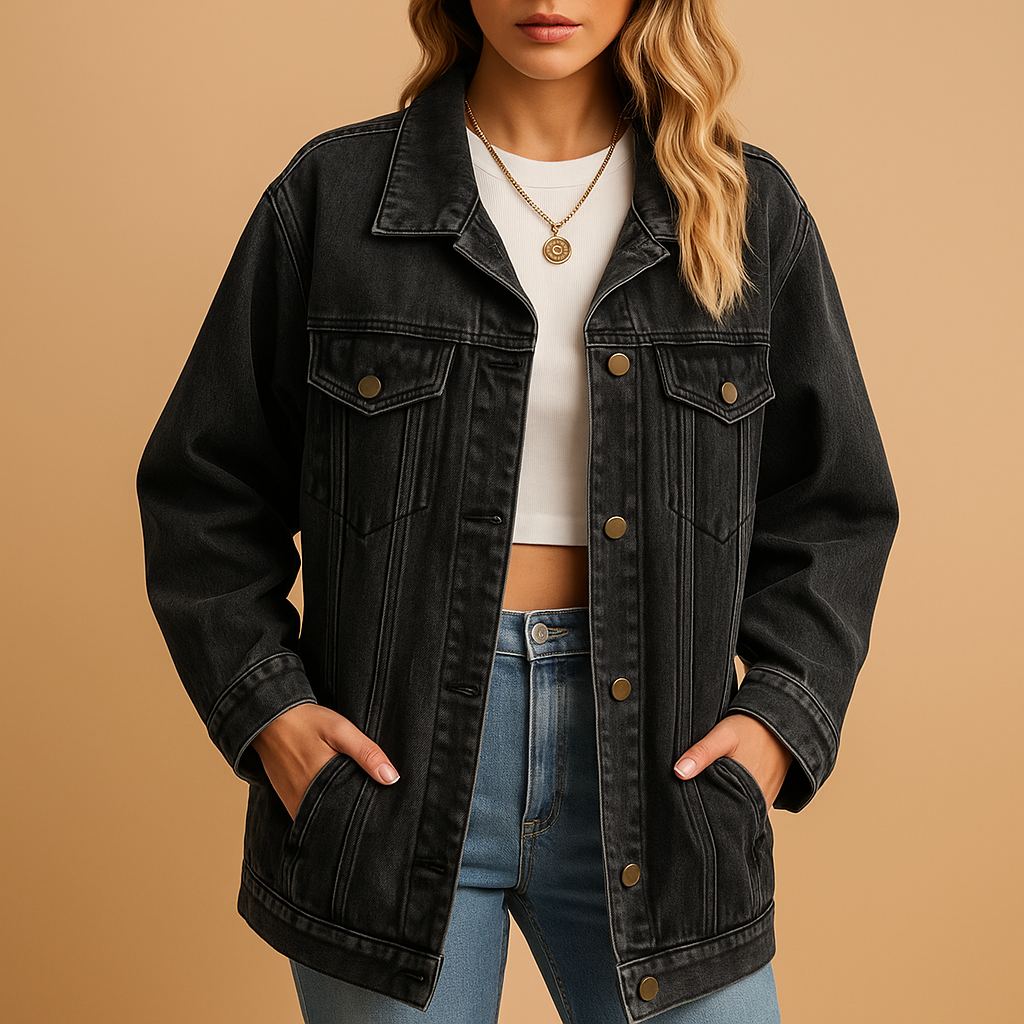 Oversized Denim Jacket with Gold-Tone Snap Buttons and Chest Pockets