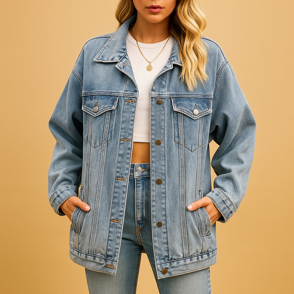 Oversized Denim Jacket with Gold-Tone Snap Buttons and Chest Pockets
