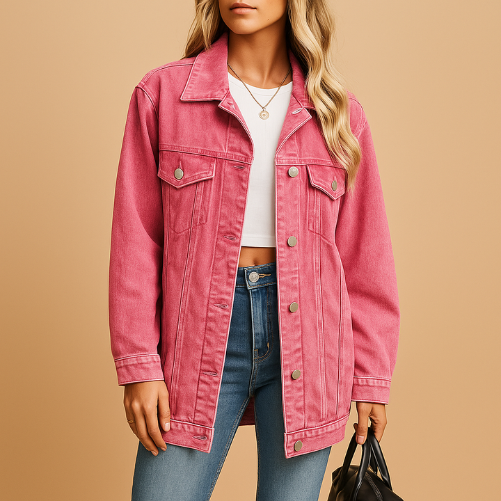Oversized Denim Jacket with Gold-Tone Snap Buttons and Chest Pockets