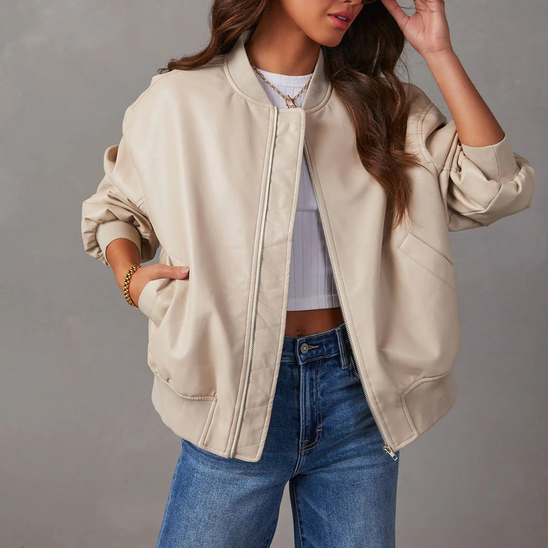 Oversized Faux Leather Bomber Jacket with Ribbed Collar, Cuffs and Hem