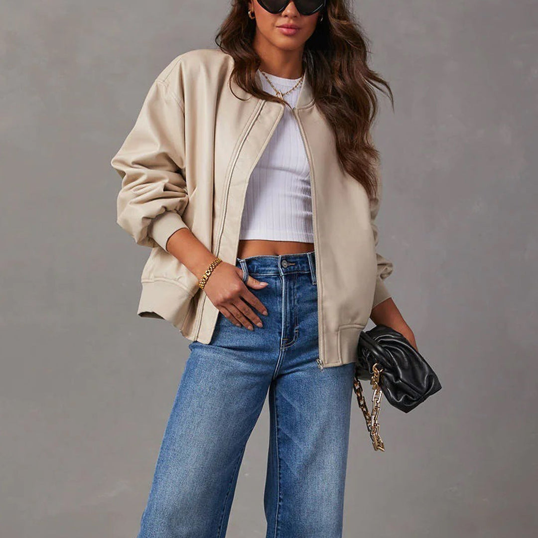 Oversized Faux Leather Bomber Jacket with Ribbed Collar, Cuffs and Hem