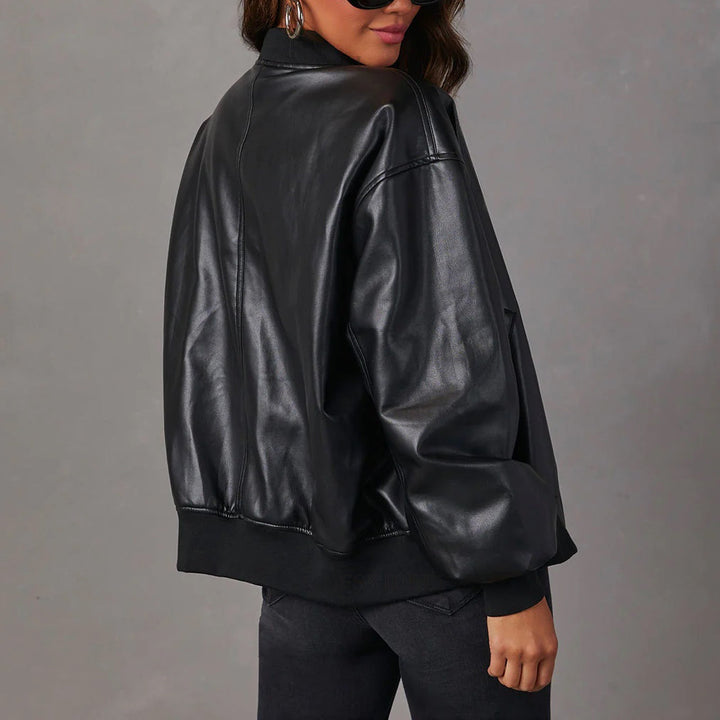 Oversized Faux Leather Bomber Jacket with Ribbed Collar, Cuffs and Hem