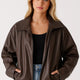 Oversized Leather Bomber Jacket with Wide Collar and Elasticated Hem