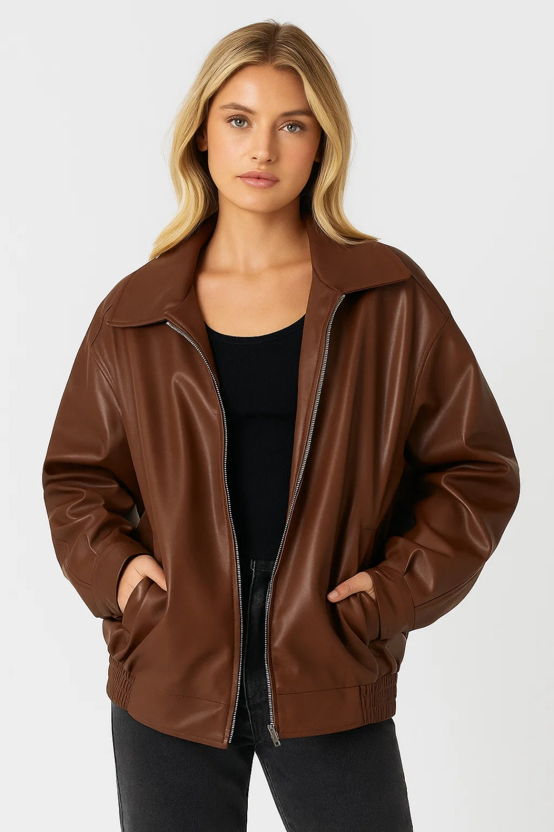 Oversized Faux Leather Bomber Jacket with Wide Collar and Elasticated Hem