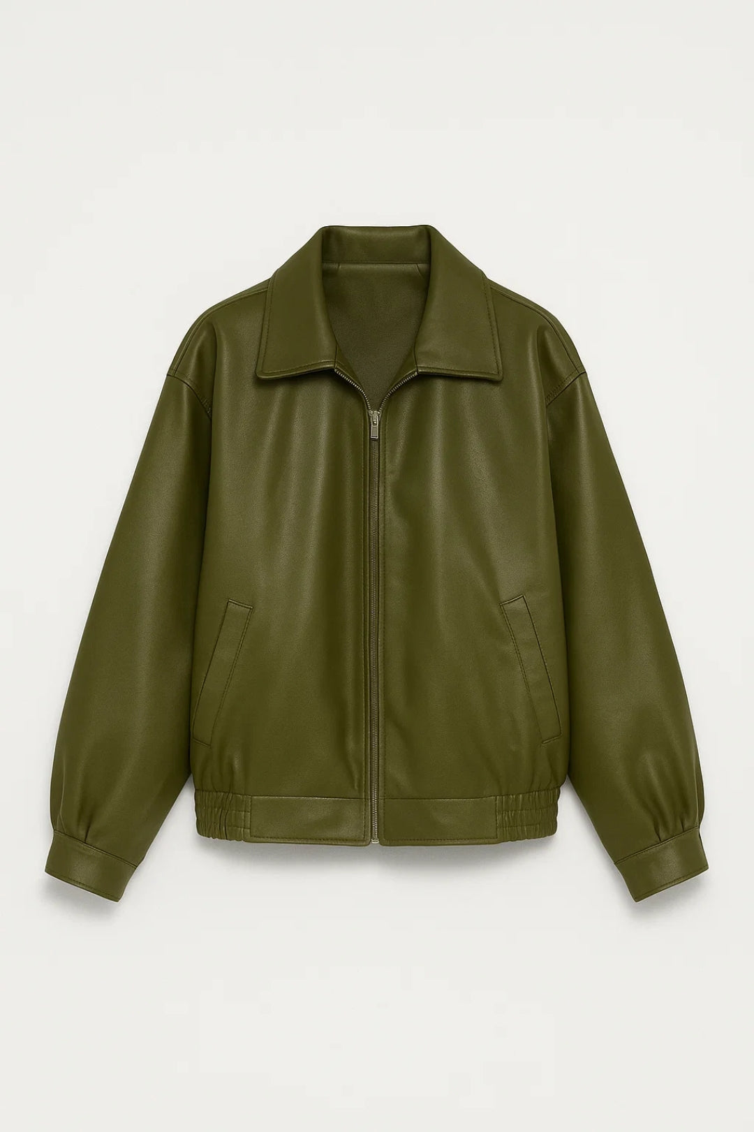 Oversized Faux Leather Bomber Jacket with Wide Collar and Elasticated Hem