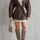 Oversized Leather Coat with Sherpa Lapels, Cuffs and Tie Belt
