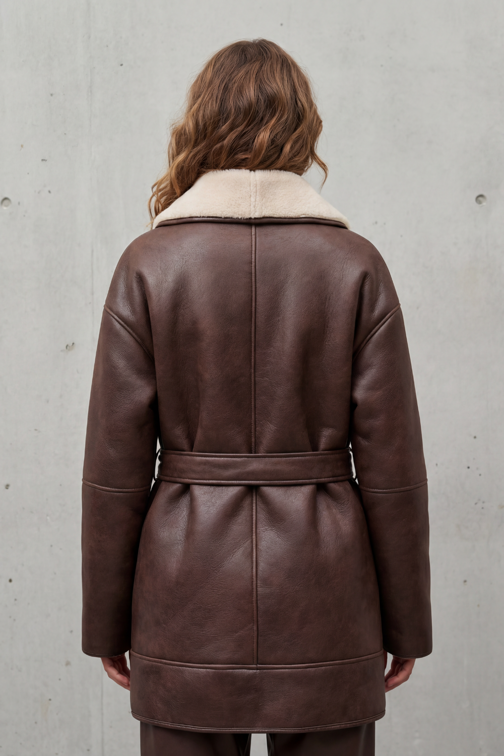 Oversized Faux Leather Coat with Sherpa Lapels, Cuffs and Tie Belt