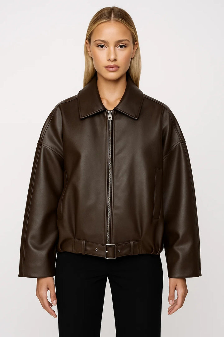 Oversized Faux Leather Jacket with Buckle Belt Hem and Full Zip