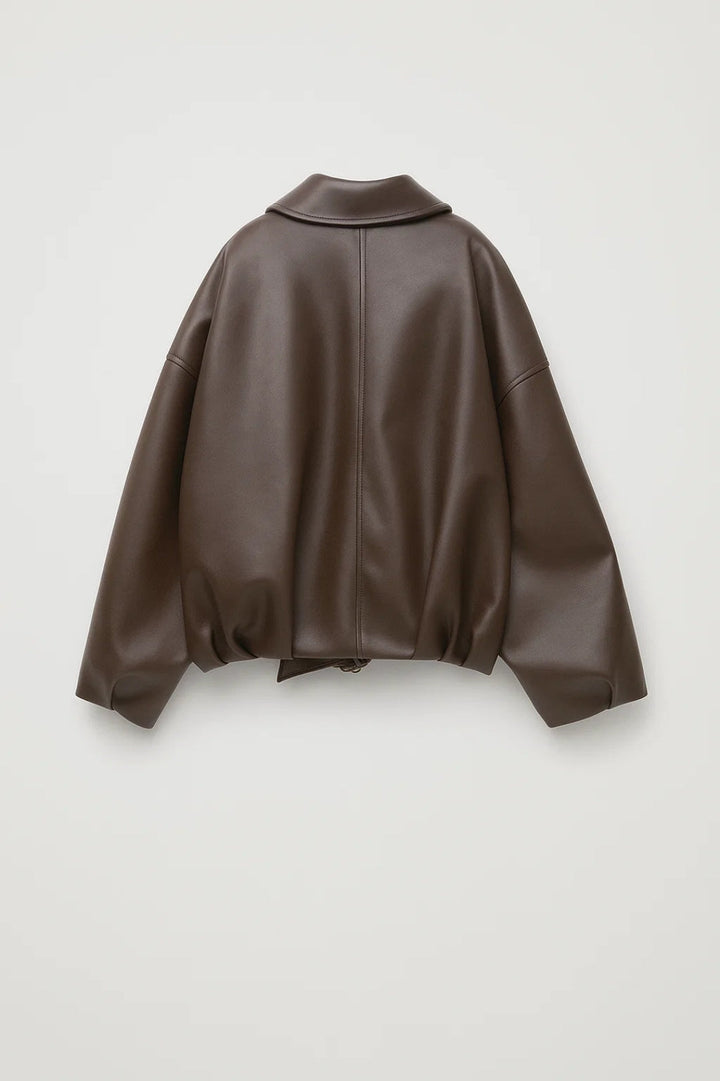 Oversized Faux Leather Jacket with Buckle Belt Hem and Full Zip