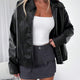 Oversized Leather Jacket with Ruched Elasticated Hem and Wide Collar