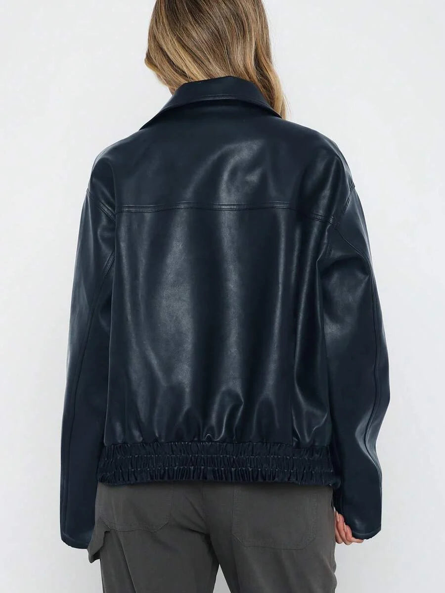 Oversized Faux Leather Jacket with Ruched Elasticated Hem and Wide Collar