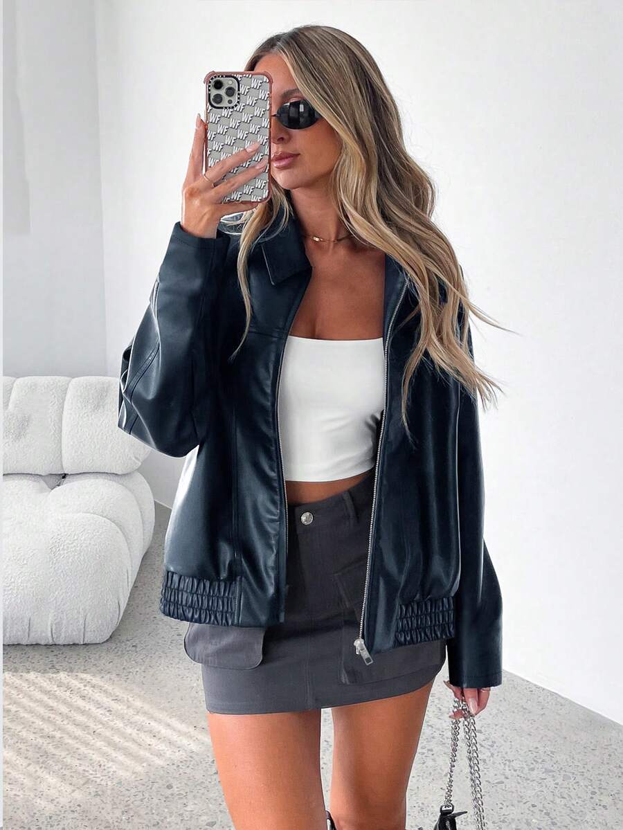 Oversized Faux Leather Jacket with Ruched Elasticated Hem and Wide Collar