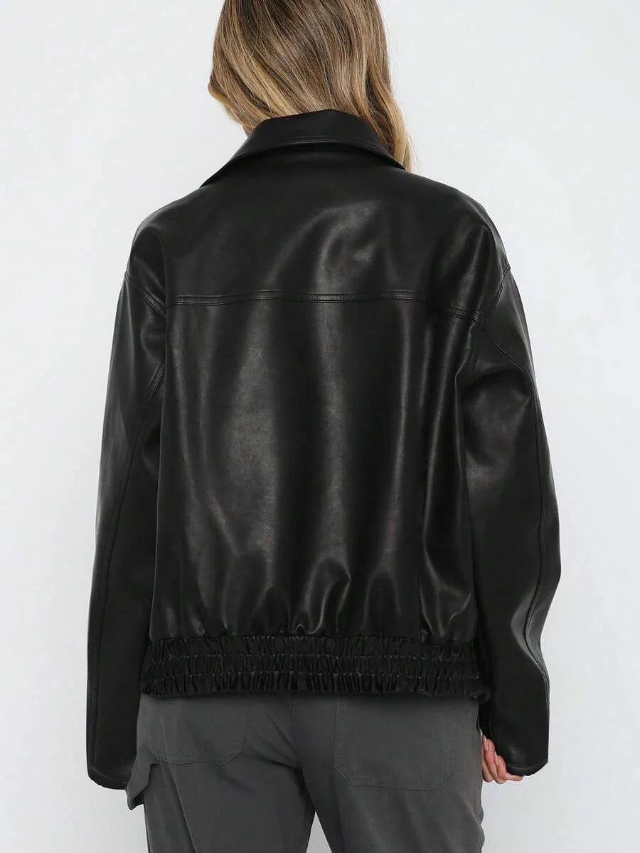 Oversized Faux Leather Jacket with Ruched Elasticated Hem and Wide Collar