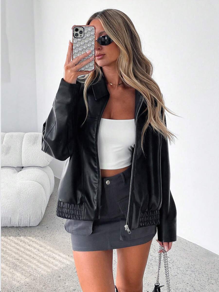 Oversized Faux Leather Jacket with Ruched Elasticated Hem and Wide Collar