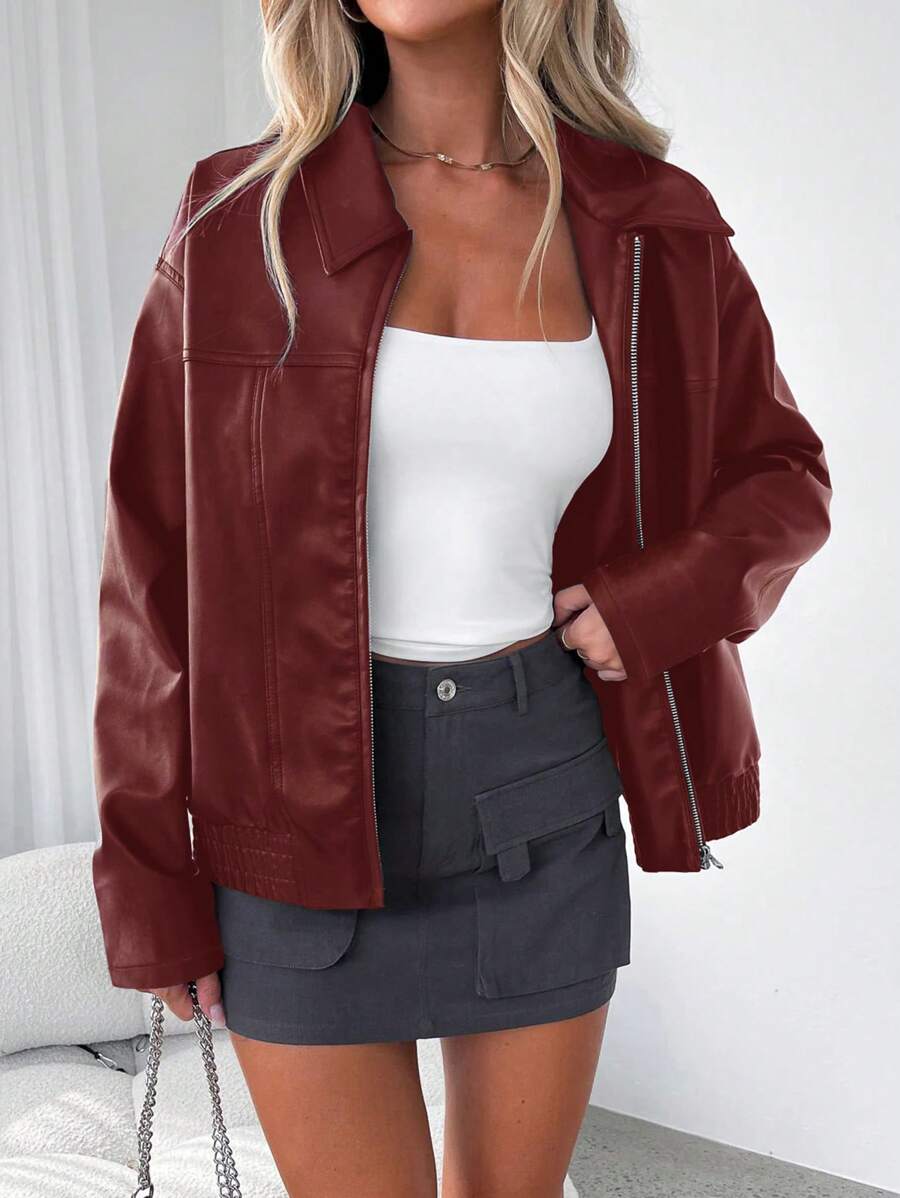 Oversized Faux Leather Jacket with Ruched Elasticated Hem and Wide Collar