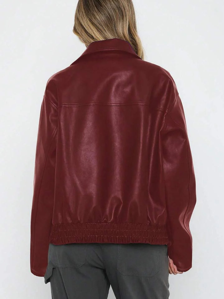 Oversized Faux Leather Jacket with Ruched Elasticated Hem and Wide Collar