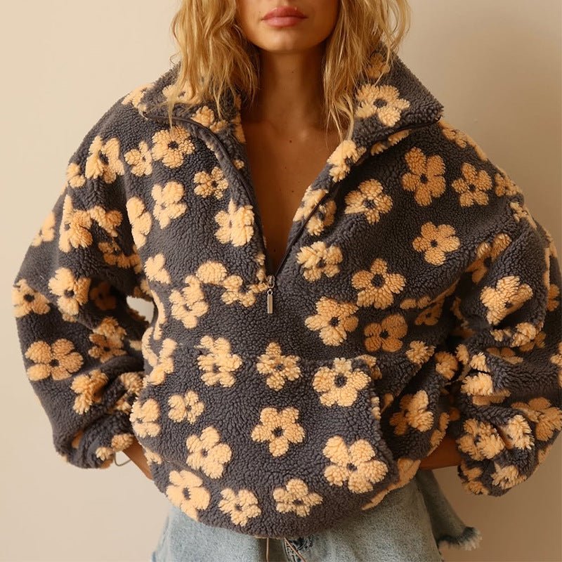 Oversized Half-Zip Teddy Fleece Jacket with Retro Daisy Print