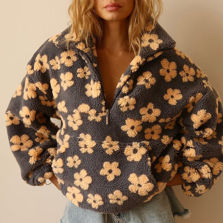 Oversized Half-Zip Teddy Fleece Jacket with Retro Daisy Print