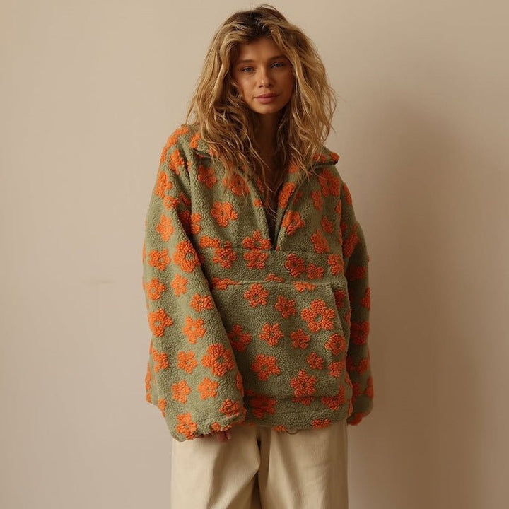 Oversized Half-Zip Teddy Fleece Jacket with Retro Daisy Print