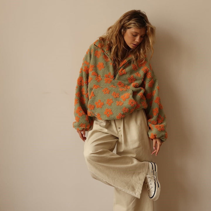 Oversized Half-Zip Teddy Fleece Jacket with Retro Daisy Print