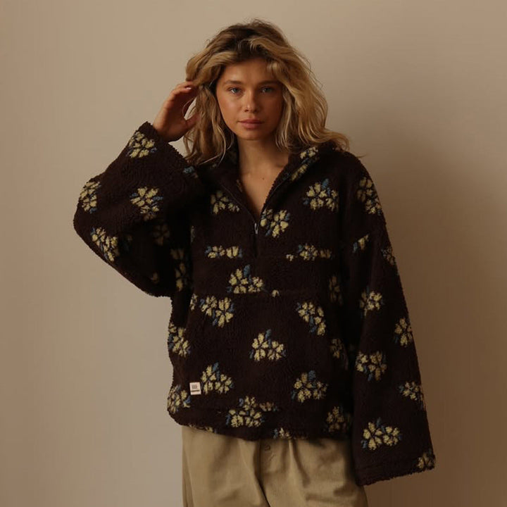 Oversized Half-Zip Teddy Fleece Jacket with Retro Daisy Print