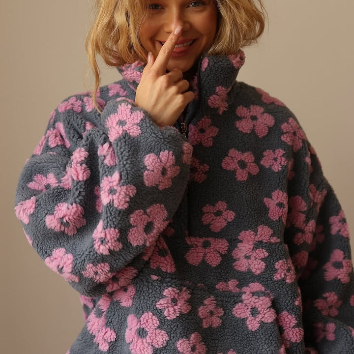 Oversized Half-Zip Teddy Fleece Jacket with Retro Daisy Print - Marl &amp; Mere