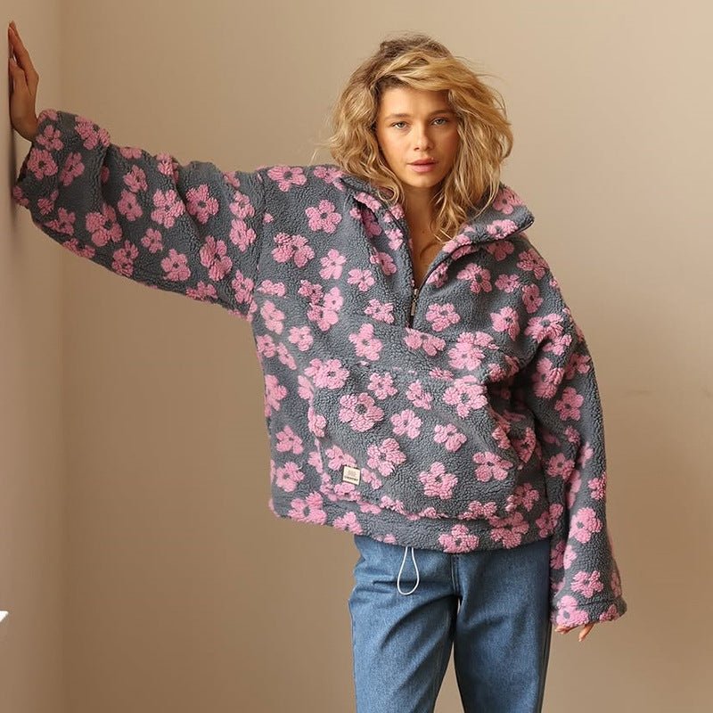 Oversized Half-Zip Teddy Fleece Jacket with Retro Daisy Print - Marl &amp; Mere