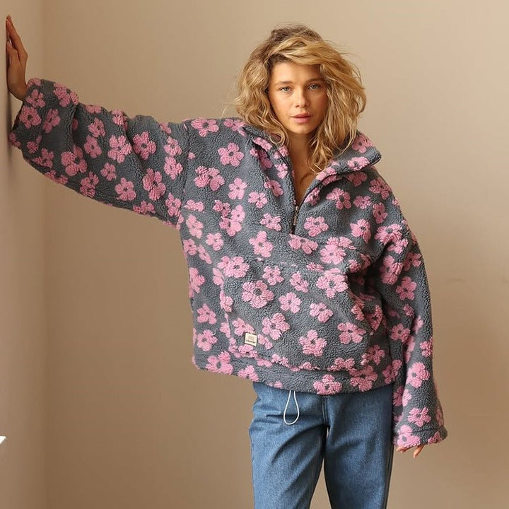 Oversized Half-Zip Teddy Fleece Jacket with Retro Daisy Print - Marl &amp; Mere
