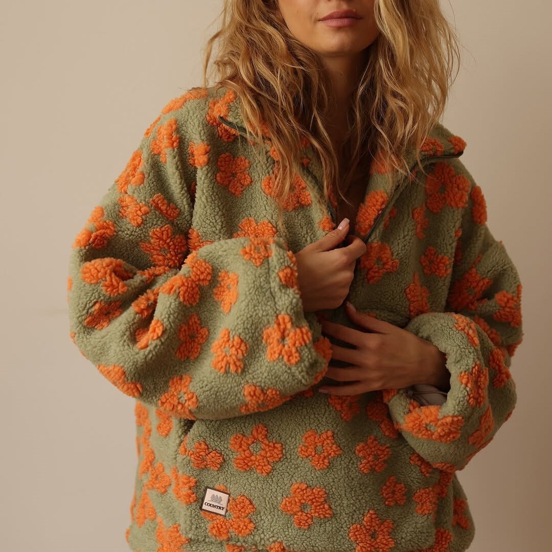 Oversized Half-Zip Teddy Fleece Jacket with Retro Daisy Print - Marl &amp; Mere