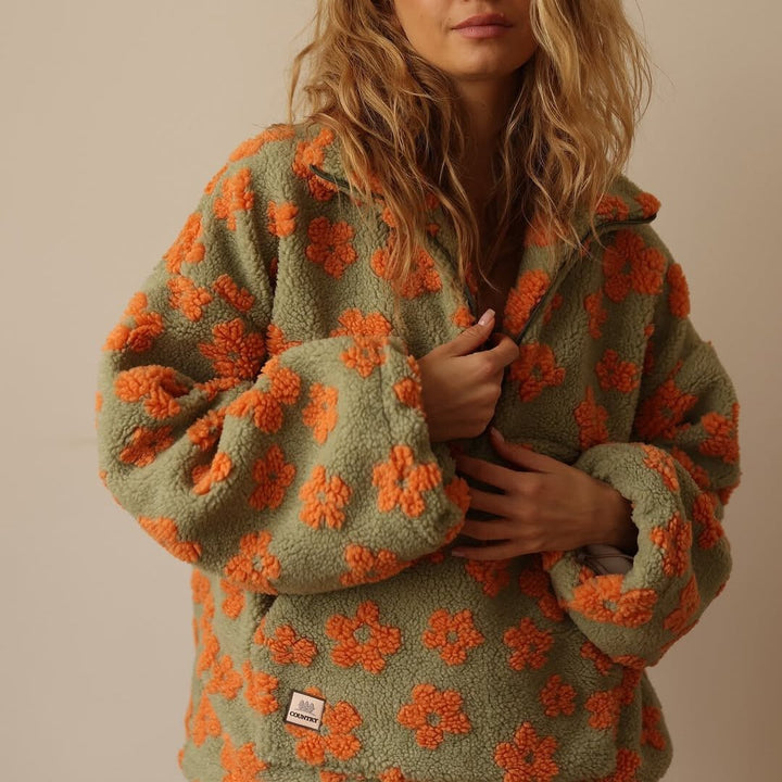 Oversized Half-Zip Teddy Fleece Jacket with Retro Daisy Print - Marl &amp; Mere