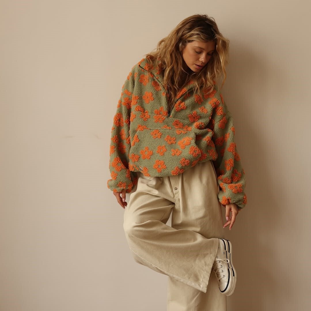 Oversized Half-Zip Teddy Fleece Jacket with Retro Daisy Print - Marl &amp; Mere