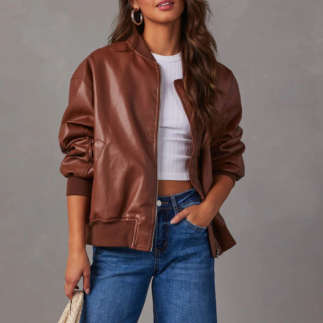 Oversized Leather Bomber Jacket with Ribbed Collar, Cuffs and Hem - Marl & Mere