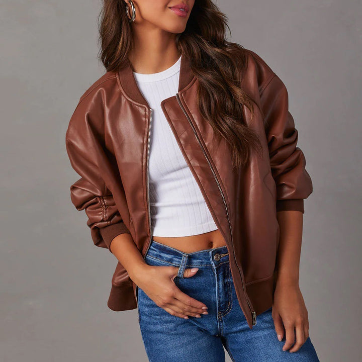 Oversized Leather Bomber Jacket with Ribbed Collar, Cuffs and Hem - Marl &amp; Mere